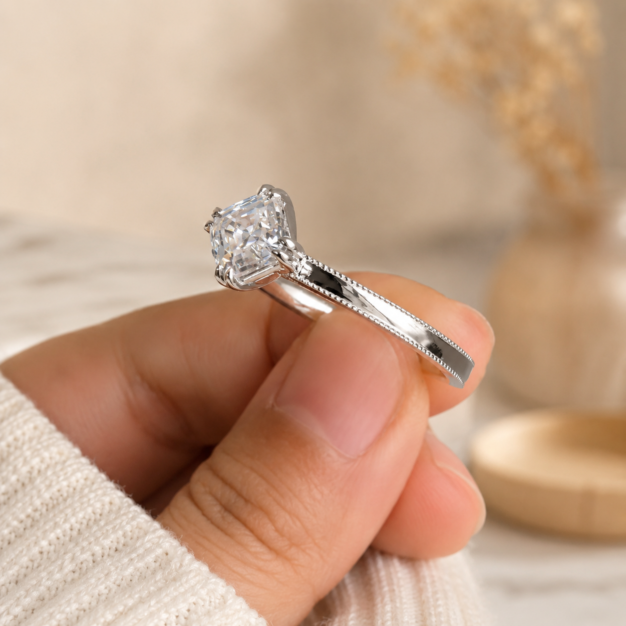 2.00 CT Asscher Cut Lab-Grown Diamond Engagement Ring in 14K White Gold – Milgrain Double Claw Prong Art Deco Design