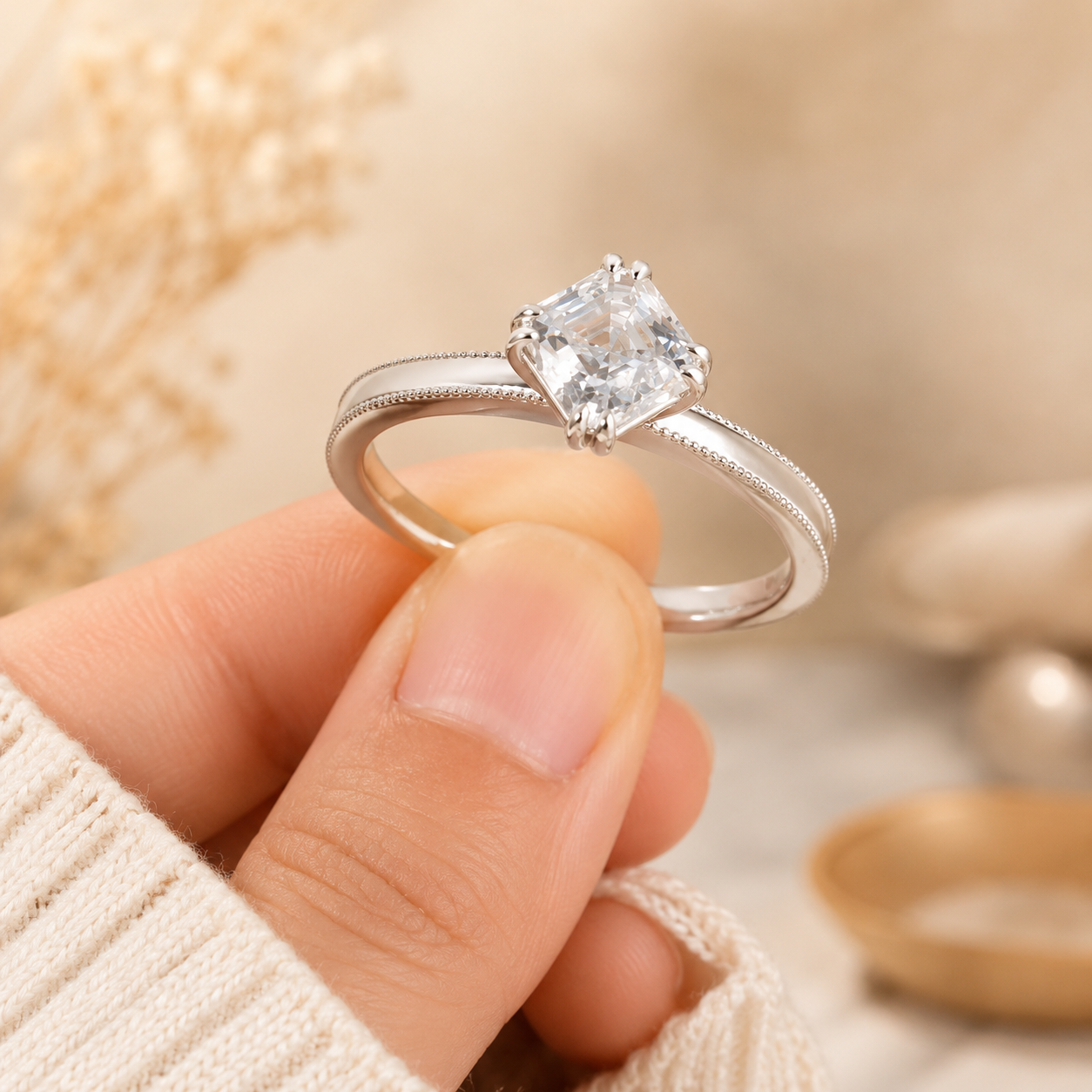 2.00 CT Asscher Cut Lab-Grown Diamond Engagement Ring in 14K White Gold – Milgrain Double Claw Prong Art Deco Design