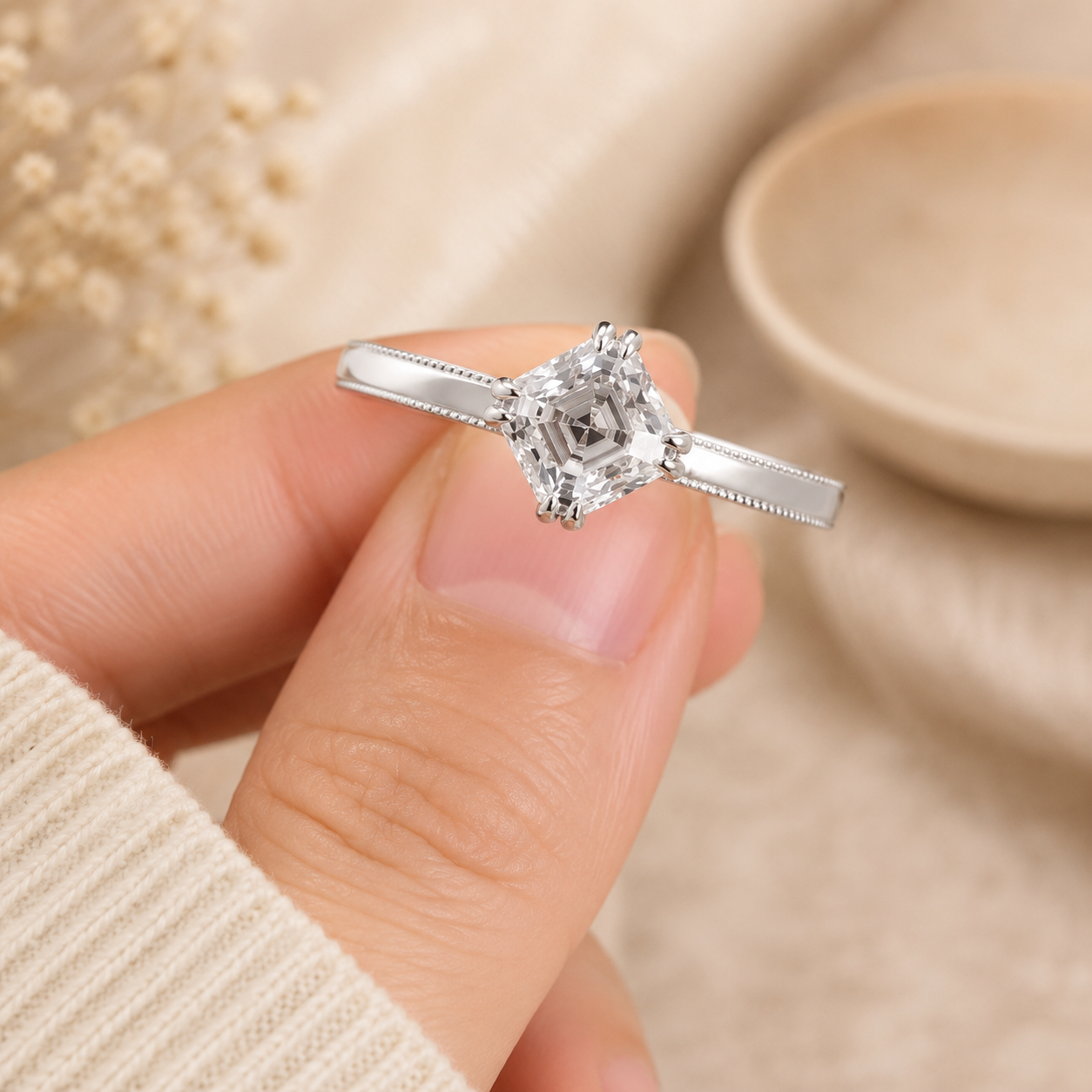 2.00 CT Asscher Cut Lab-Grown Diamond Engagement Ring in 14K White Gold – Milgrain Double Claw Prong Art Deco Design