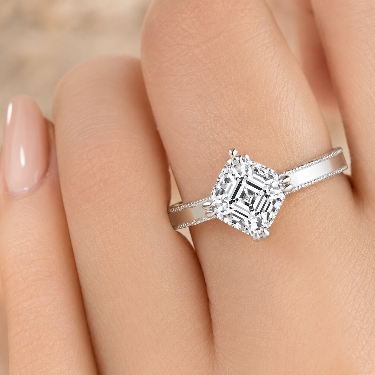 2.00 CT Asscher Cut Lab-Grown Diamond Engagement Ring in 14K White Gold – Milgrain Double Claw Prong Art Deco Design