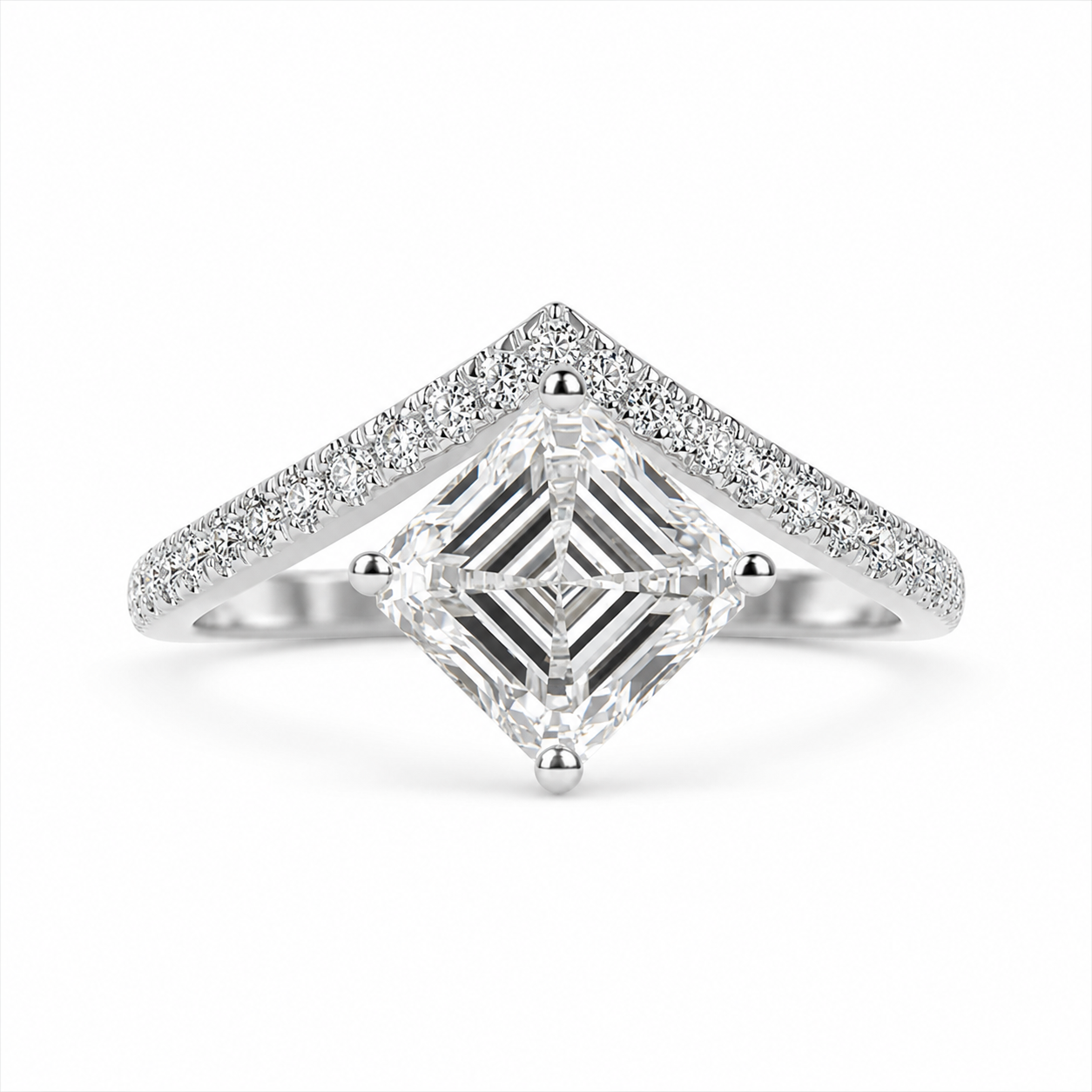 3.00 CT Asscher Cut Lab-Grown Diamond Chevron Solitaire Engagement Ring in 14K White Gold – Curved V Shape Wedding Band Design | IGI Certified