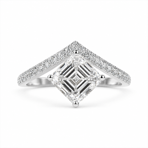 3.00 CT Asscher Cut Lab-Grown Diamond Chevron Solitaire Engagement Ring in 14K White Gold – Curved V Shape Wedding Band Design | IGI Certified