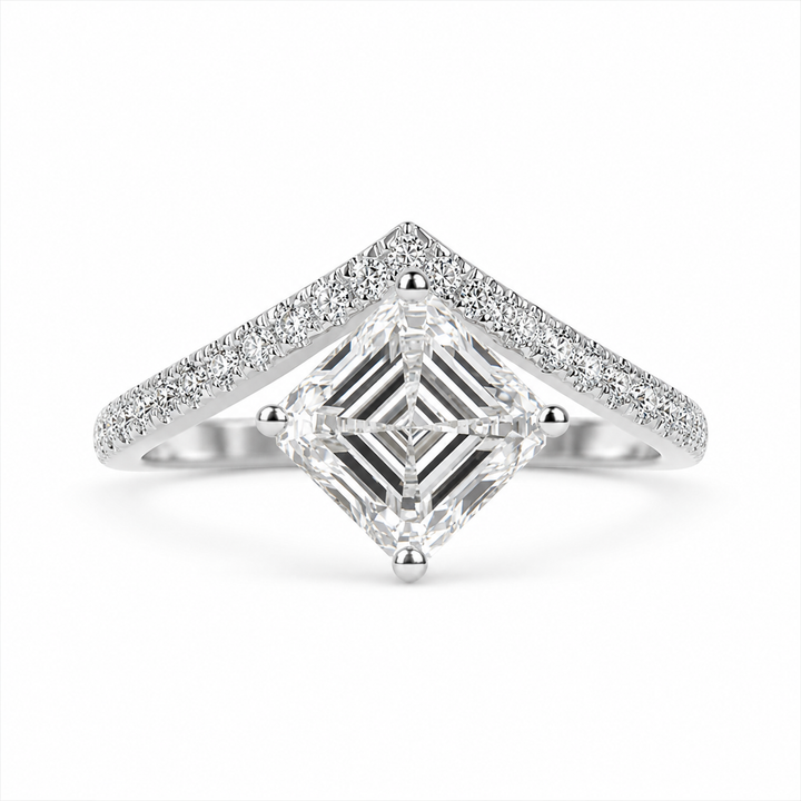 3.00 CT Asscher Cut Lab-Grown Diamond Chevron Solitaire Engagement Ring in White Gold – Curved V Shape Wedding Band Design | IGI Certified