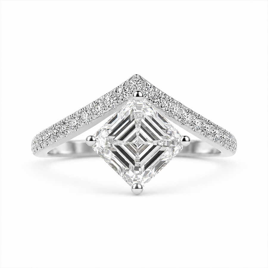 3.00 CT Asscher Cut Lab-Grown Diamond Chevron Solitaire Engagement Ring in 14K White Gold – Curved V Shape Wedding Band Design | IGI Certified