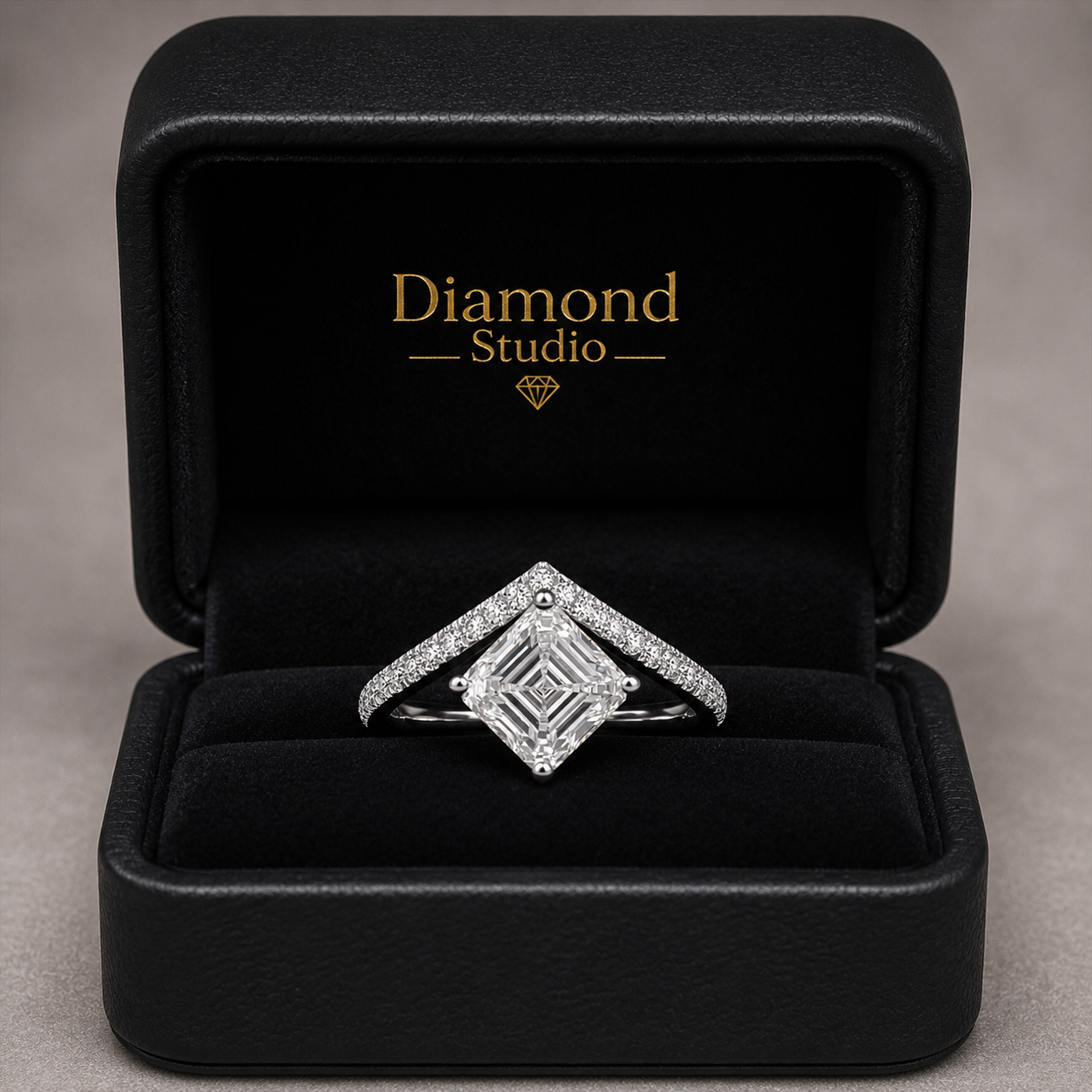 3.00 CT Asscher Cut Lab-Grown Diamond Chevron Solitaire Engagement Ring in 14K White Gold – Curved V Shape Wedding Band Design | IGI Certified
