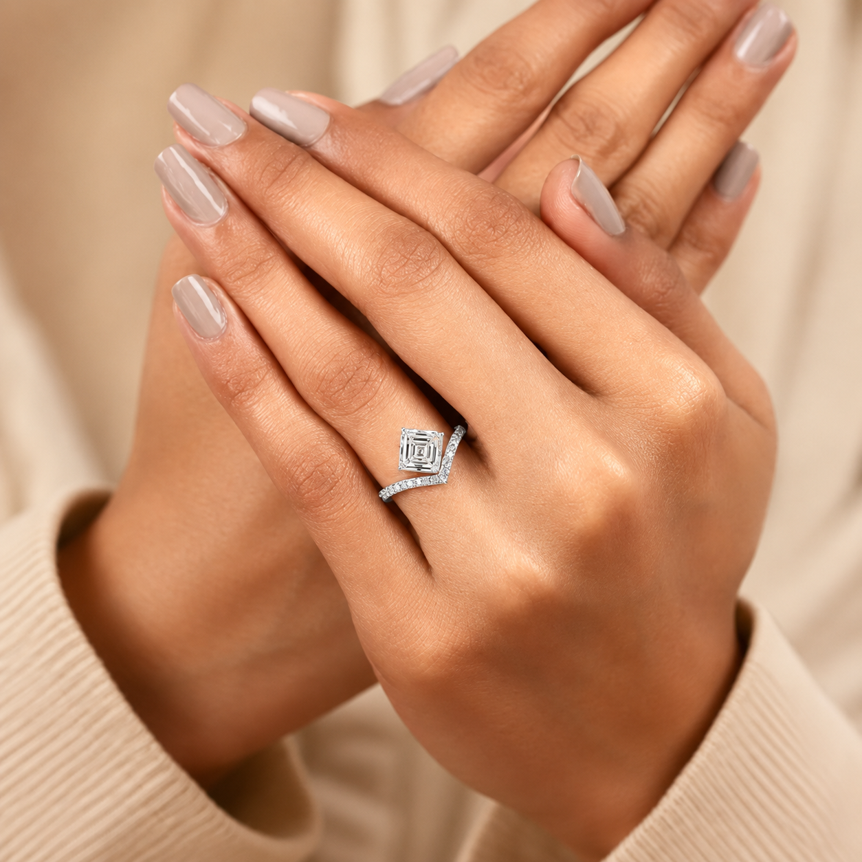 3.00 CT Asscher Cut Lab-Grown Diamond Chevron Solitaire Engagement Ring in 14K White Gold – Curved V Shape Wedding Band Design | IGI Certified