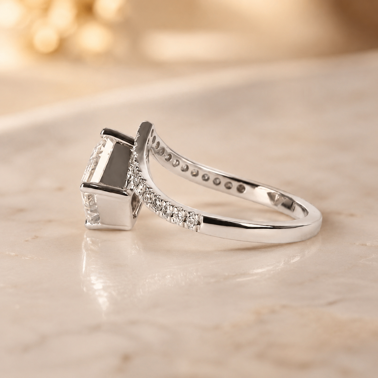 3.00 CT Asscher Cut Lab-Grown Diamond Chevron Solitaire Engagement Ring in 14K White Gold – Curved V Shape Wedding Band Design | IGI Certified