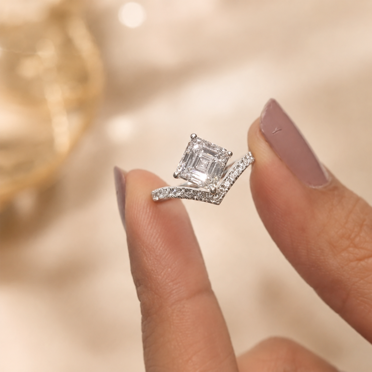 3.00 CT Asscher Cut Lab-Grown Diamond Chevron Solitaire Engagement Ring in 14K White Gold – Curved V Shape Wedding Band Design | IGI Certified