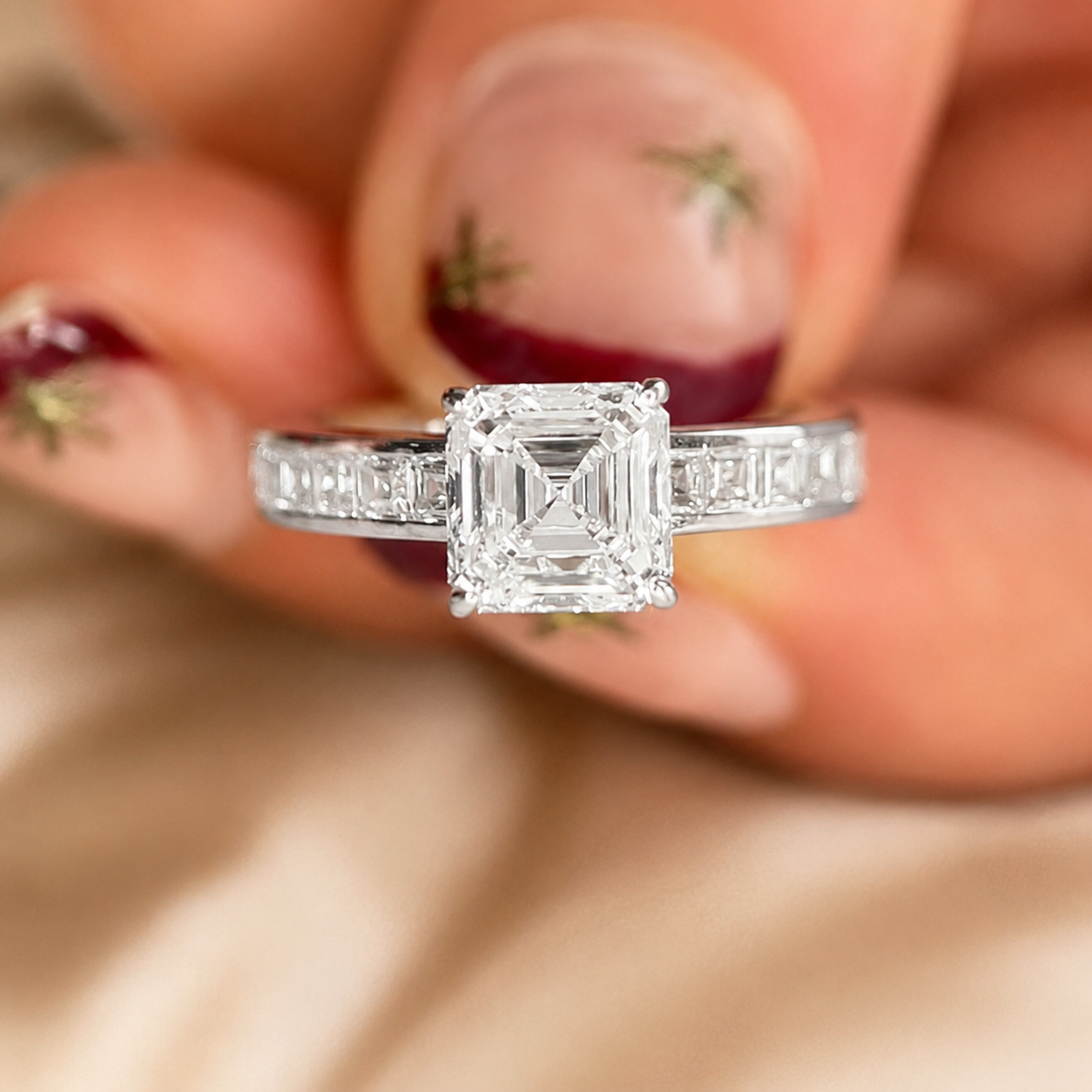 1.50 CT Asscher Cut Lab-Grown Diamond Engagement Ring 14K White Gold Channel Set Wedding Ring