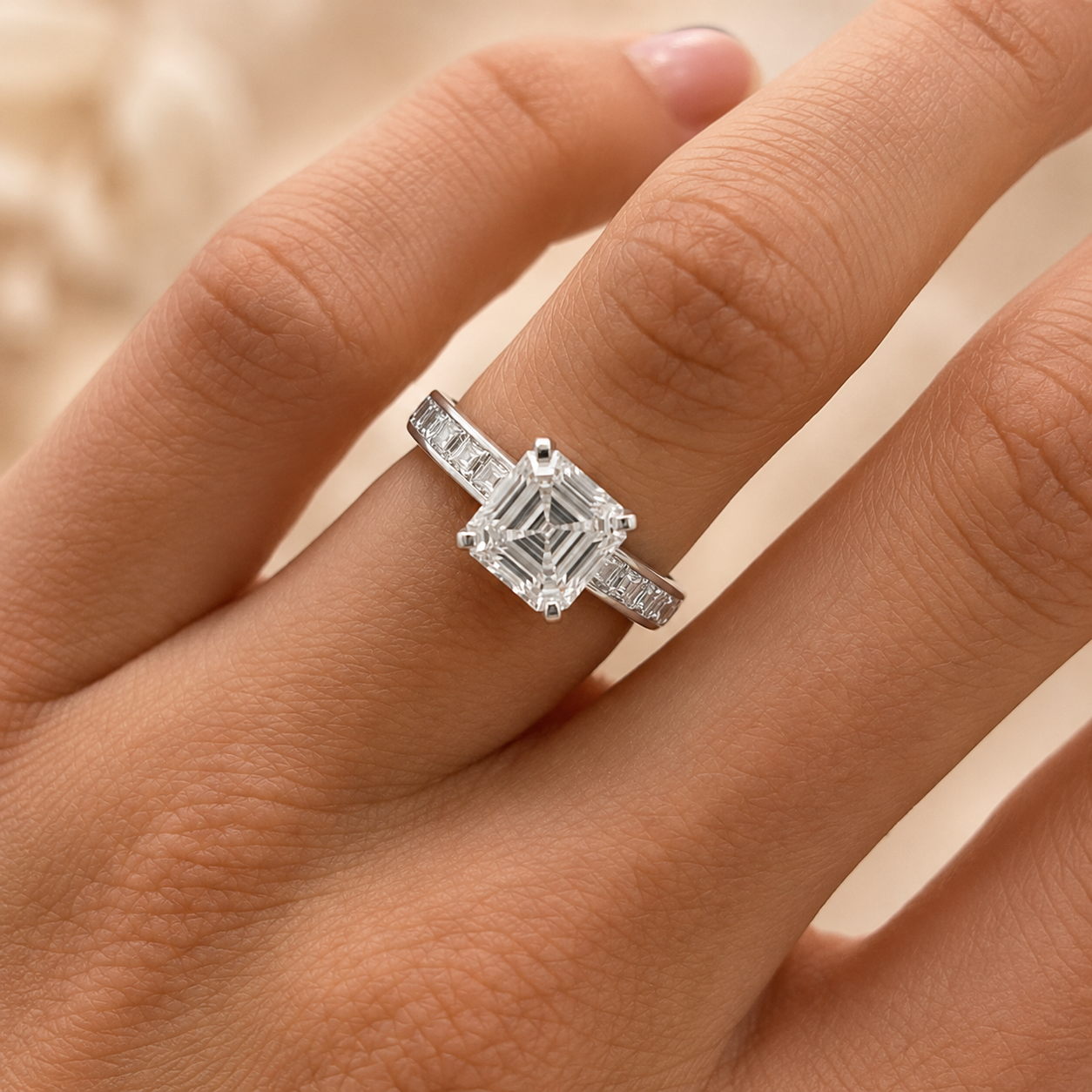 1.50 CT Asscher Cut Lab-Grown Diamond Engagement Ring 14K White Gold Channel Set Wedding Ring