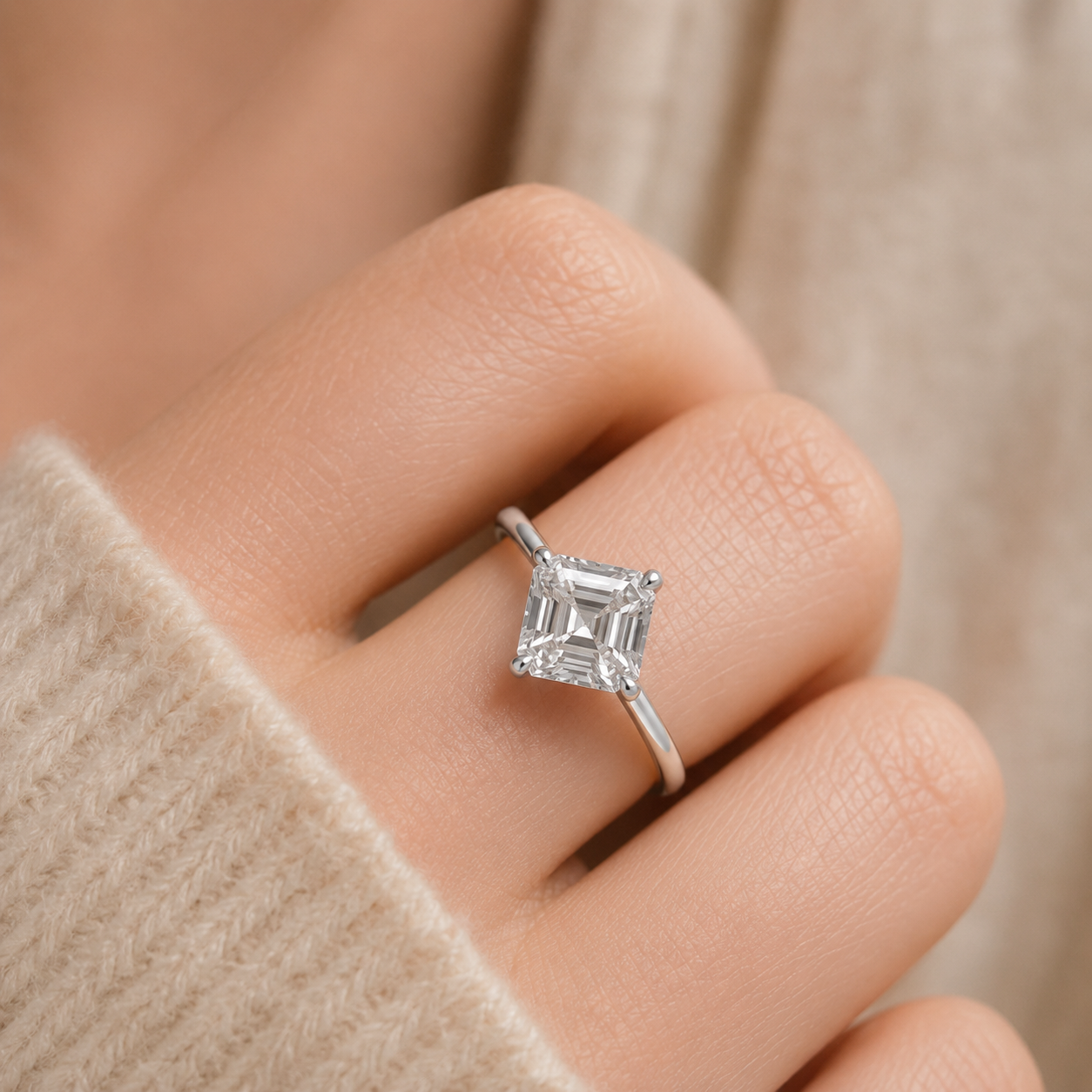 2.00 CT Asscher Cut Lab-Grown Diamond Solitaire Engagement Ring in 14K White Gold – Compass Prong IGI Certified Design