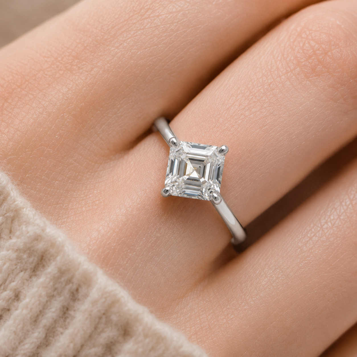 2.00 CT Asscher Cut Lab-Grown Diamond Solitaire Engagement Ring in 14K White Gold – Compass Prong IGI Certified Design