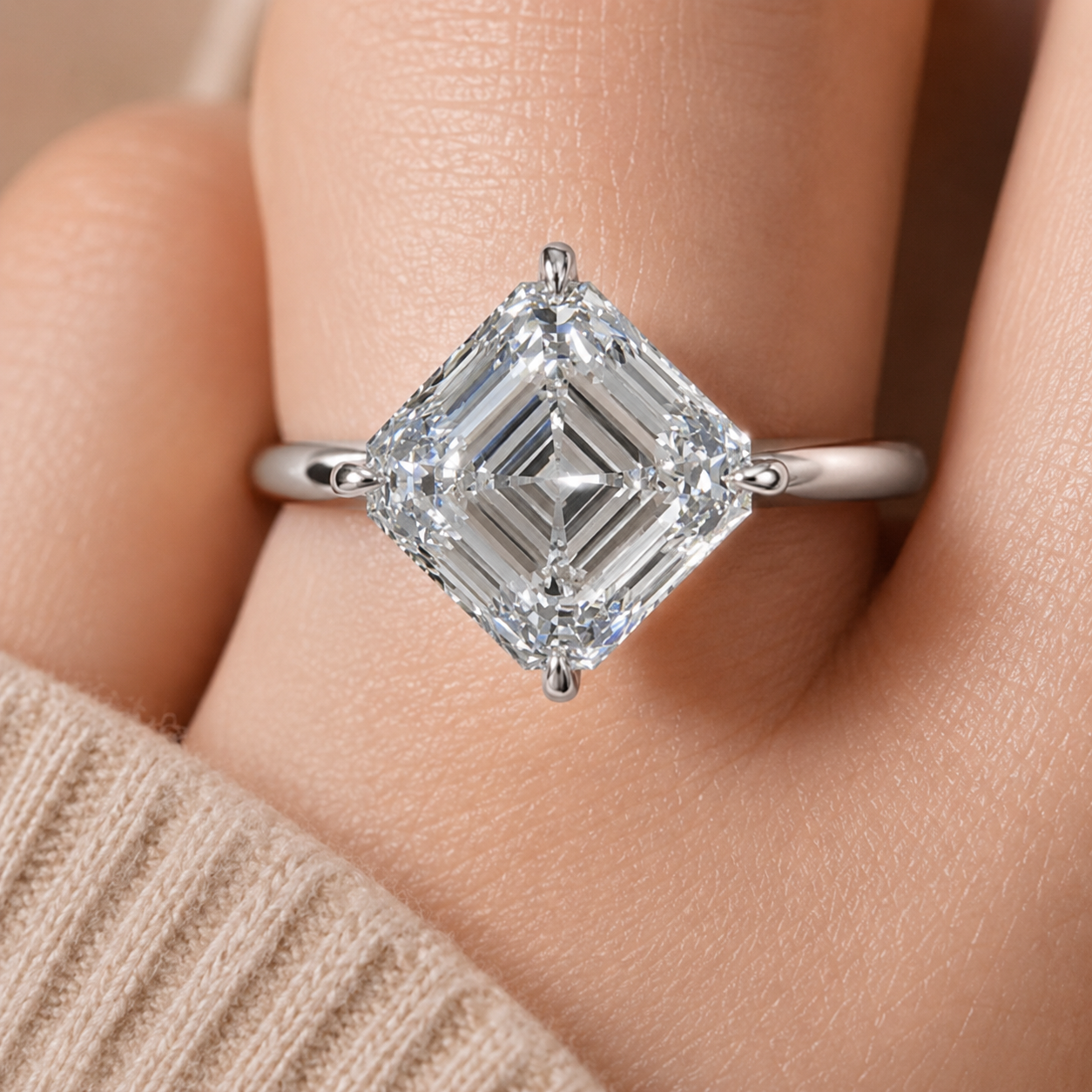 2.00 CT Asscher Cut Lab-Grown Diamond Solitaire Engagement Ring in 14K White Gold – Compass Prong IGI Certified Design