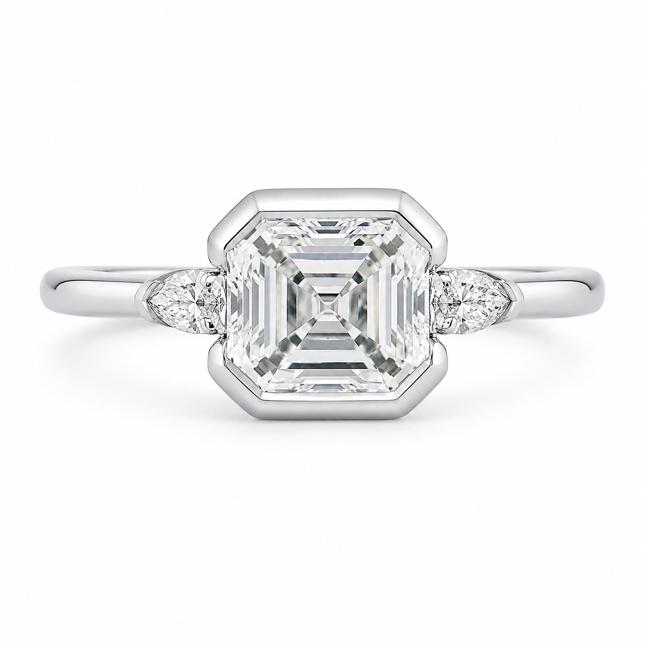 3.40 CT Asscher Cut Lab-Grown Diamond Engagement Ring in 14K White Gold – Marquise Accent Bezel Set Art Deco Design