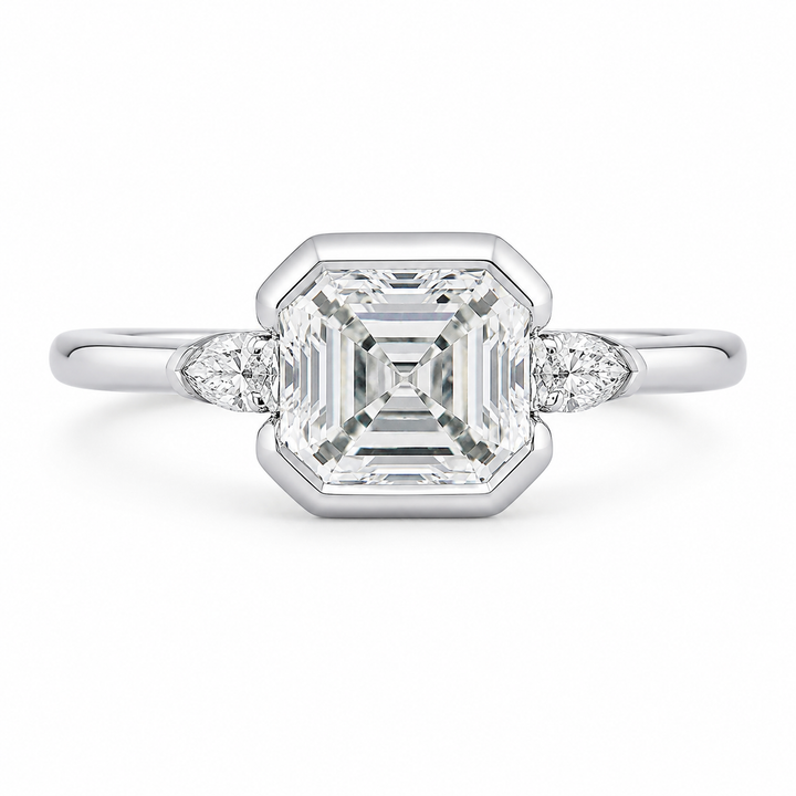 3.40 CT Asscher Cut Lab-Grown Diamond Engagement Ring in 14K White Gold – Marquise Accent Bezel Set Art Deco Design