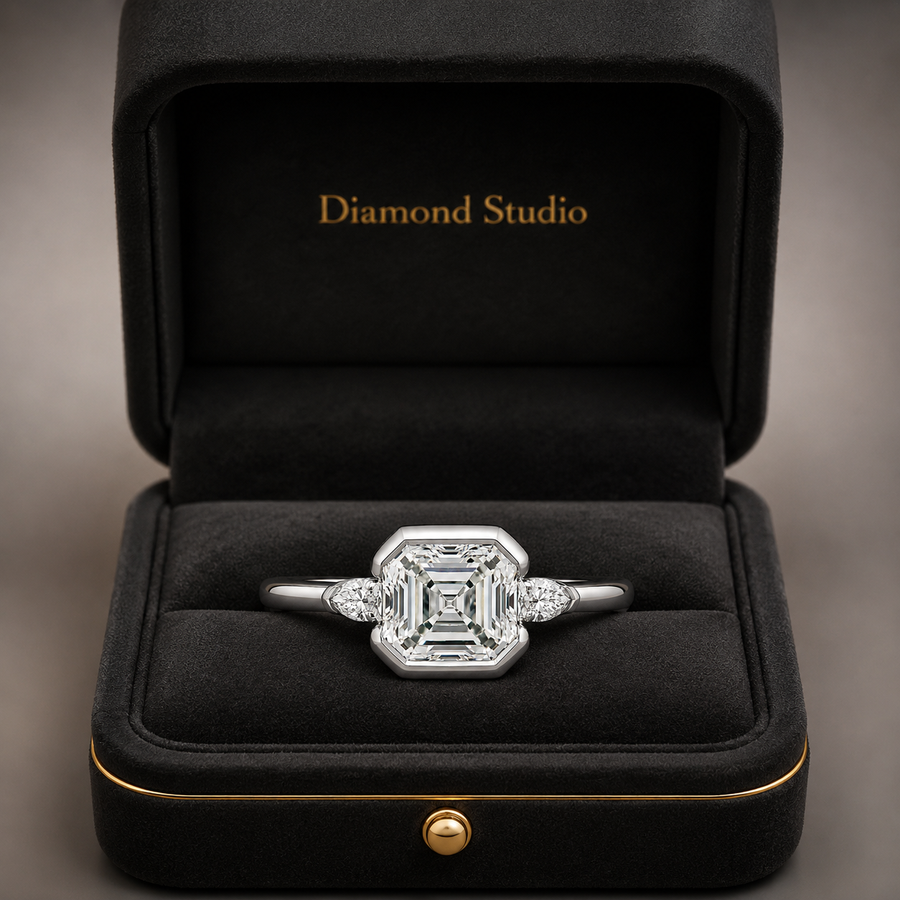 3.40 CT Asscher Cut Lab-Grown Diamond Engagement Ring in 14K White Gold – Marquise Accent Bezel Set Art Deco Design