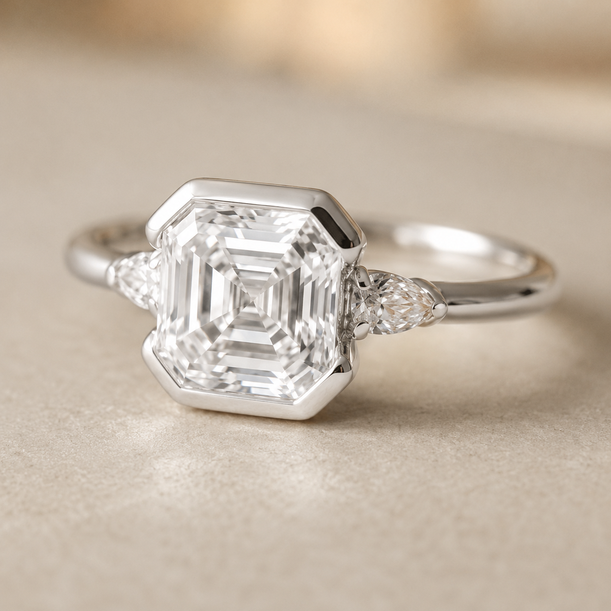 3.40 CT Asscher Cut Lab-Grown Diamond Engagement Ring in 14K White Gold – Marquise Accent Bezel Set Art Deco Design