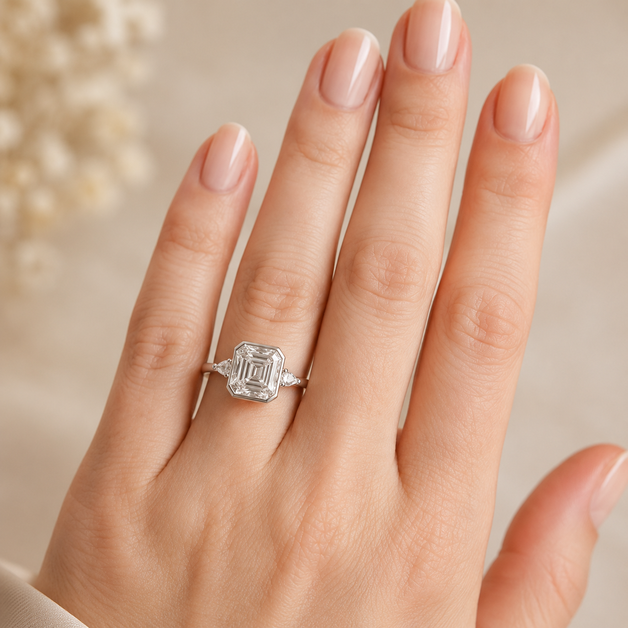 3.40 CT Asscher Cut Lab-Grown Diamond Engagement Ring in 14K White Gold – Marquise Accent Bezel Set Art Deco Design