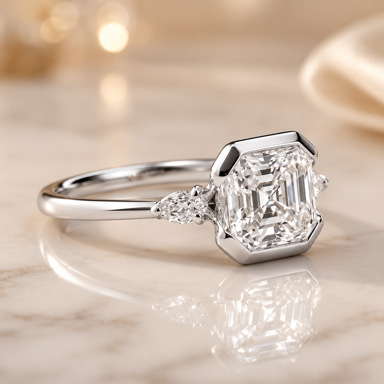 3.40 CT Asscher Cut Lab-Grown Diamond Engagement Ring in 14K White Gold – Marquise Accent Bezel Set Art Deco Design