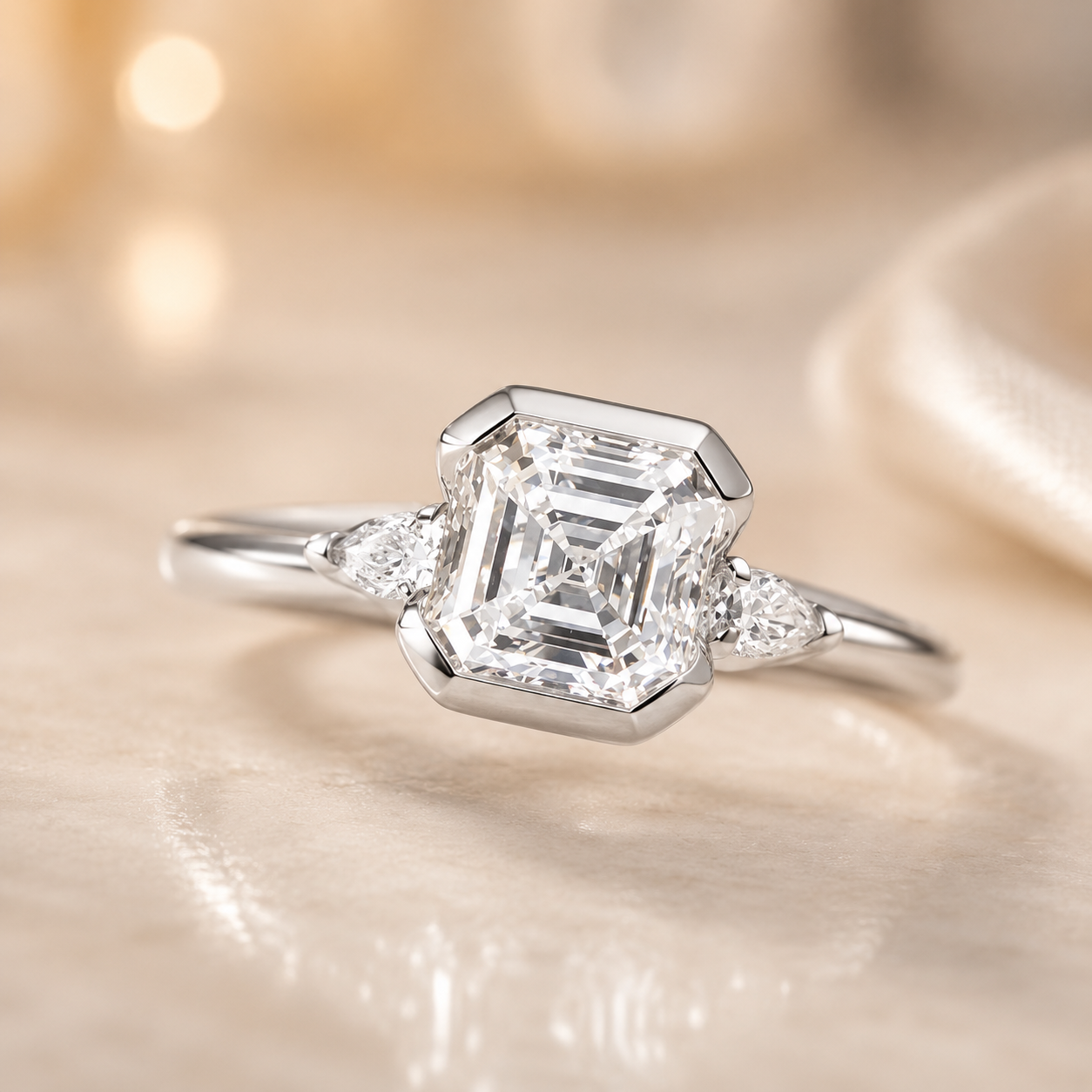3.40 CT Asscher Cut Lab-Grown Diamond Engagement Ring in 14K White Gold – Marquise Accent Bezel Set Art Deco Design
