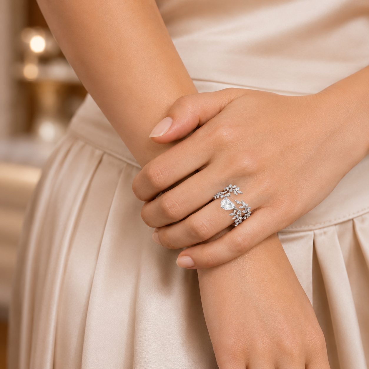 2.00 CT Sweeping Ivy Pear Lab-Grown Diamond 2PCS Bridal Set in 14K White Gold – Nature Inspired Vine Wedding Ring Design