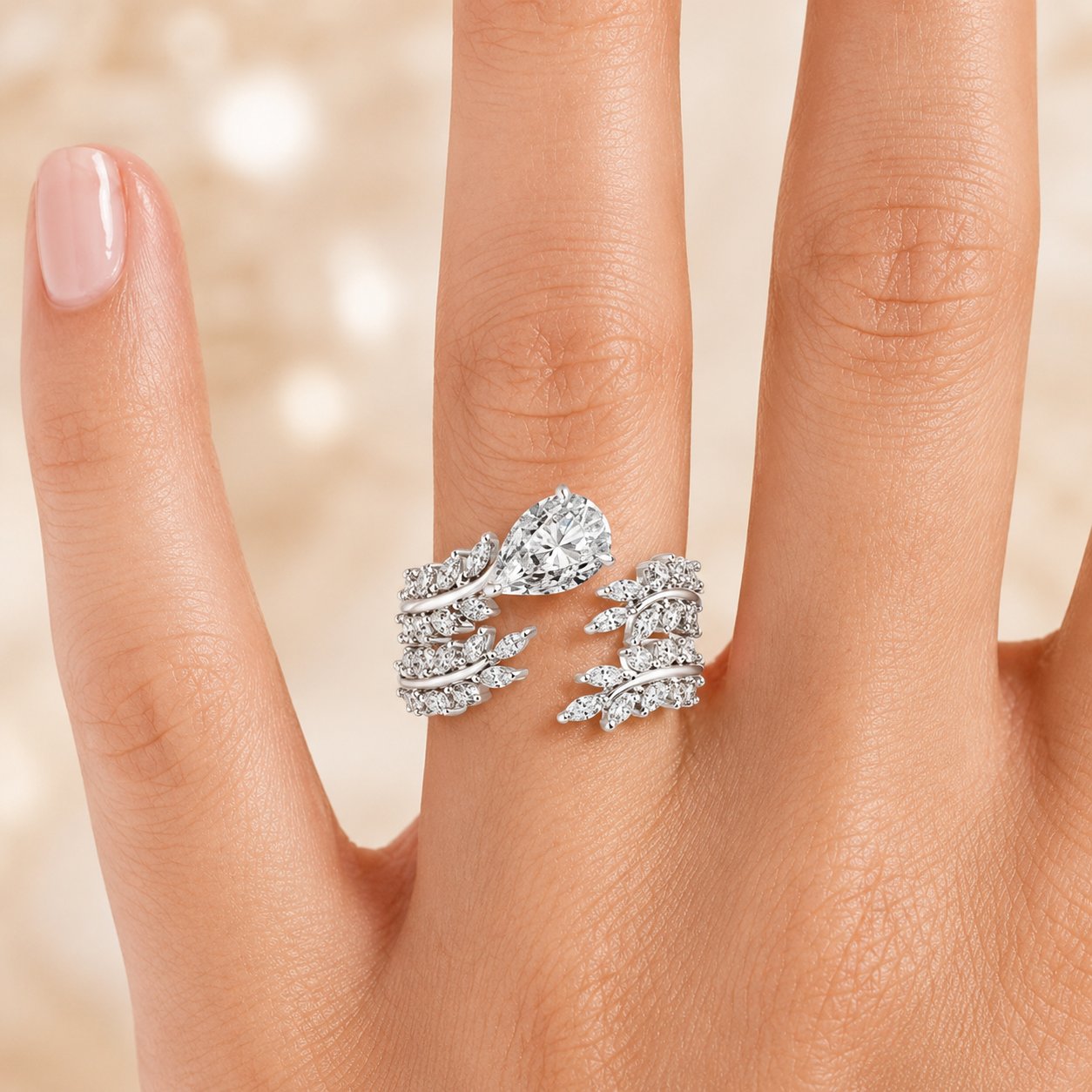 2.00 CT Sweeping Ivy Pear Lab-Grown Diamond 2PCS Bridal Set in 14K White Gold – Nature Inspired Vine Wedding Ring Design
