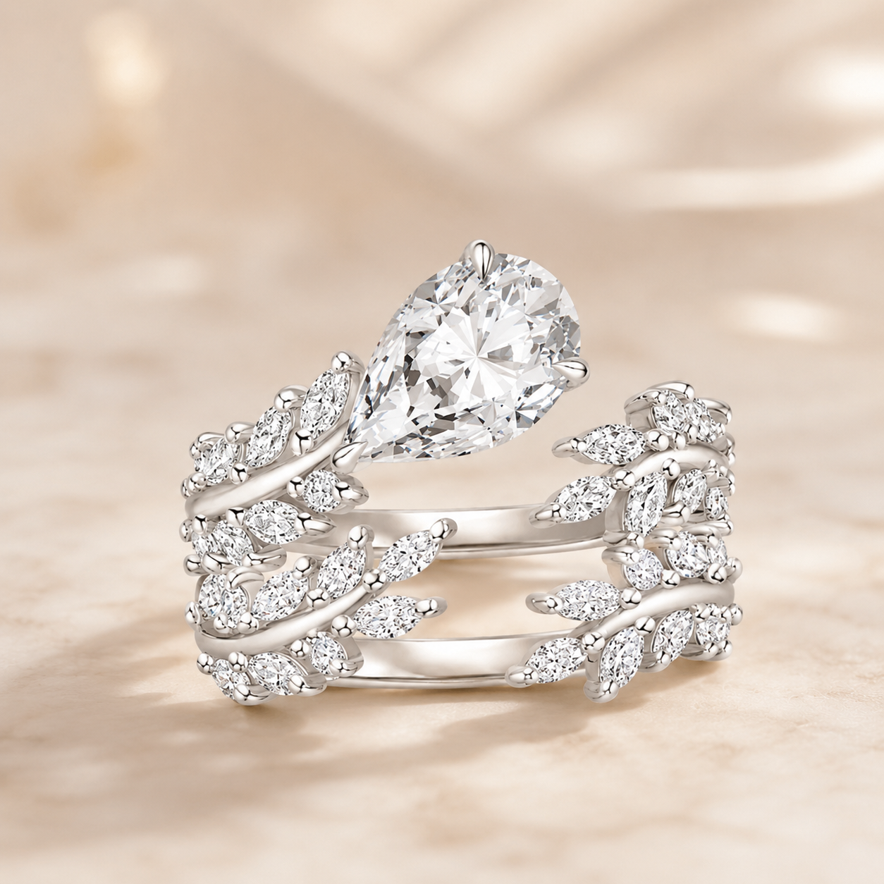 2.00 CT Sweeping Ivy Pear Lab-Grown Diamond 2PCS Bridal Set in 14K White Gold – Nature Inspired Vine Wedding Ring Design