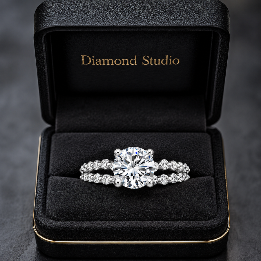 1.85 CT Marseille Round Lab-Grown Diamond 2PCS Bridal Set in 14K White Gold – Floating Shared Prong Wedding Ring Design