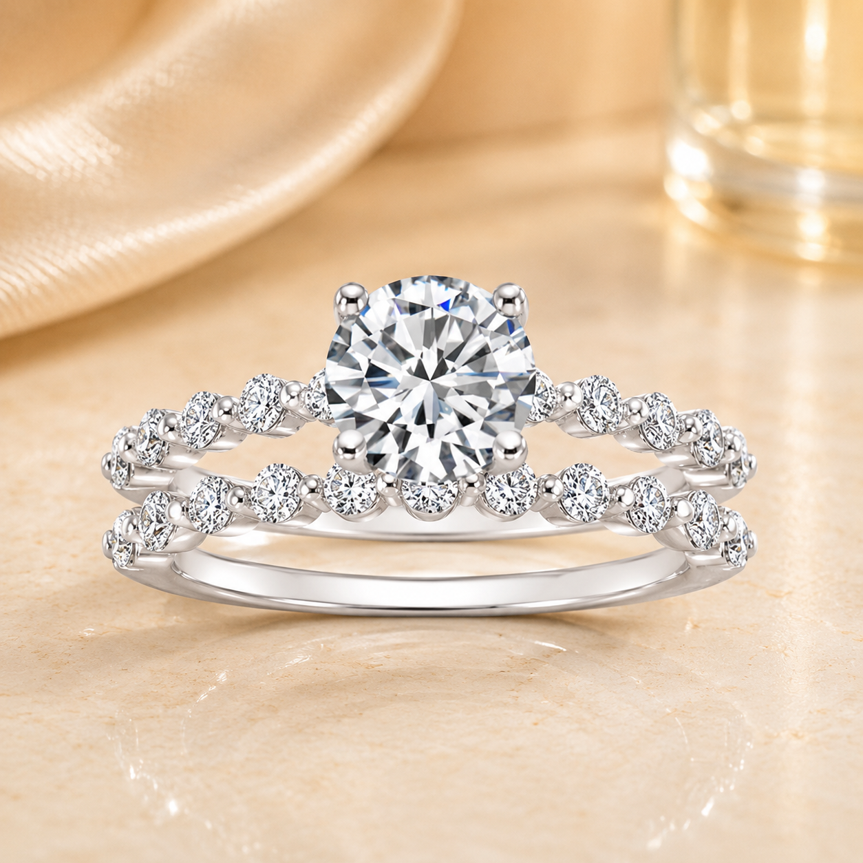 1.85 CT Marseille Round Lab-Grown Diamond 2PCS Bridal Set in 14K White Gold – Floating Shared Prong Wedding Ring Design