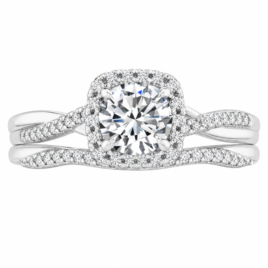 3.00 CT Petite Twisted Vine Halo Lab-Grown Diamond 2PCS Bridal Set in 14K White Gold – Nature Inspired Matching Wedding Ring Design