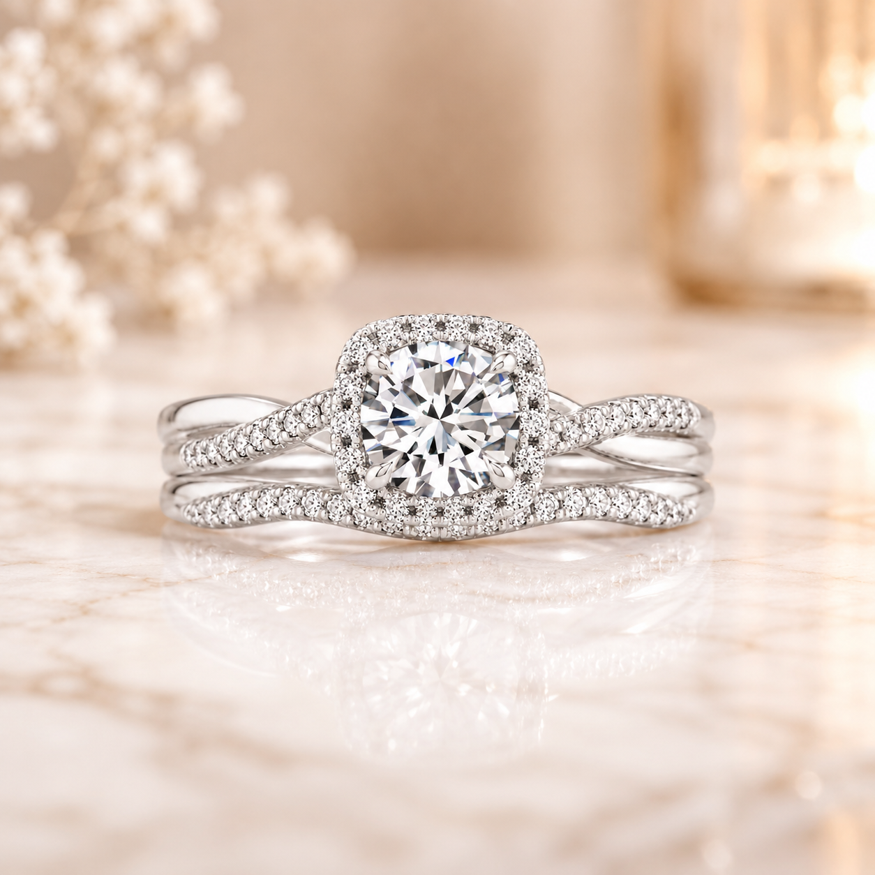 3.00 CT Petite Twisted Vine Halo Lab-Grown Diamond 2PCS Bridal Set in 14K White Gold – Nature Inspired Matching Wedding Ring Design