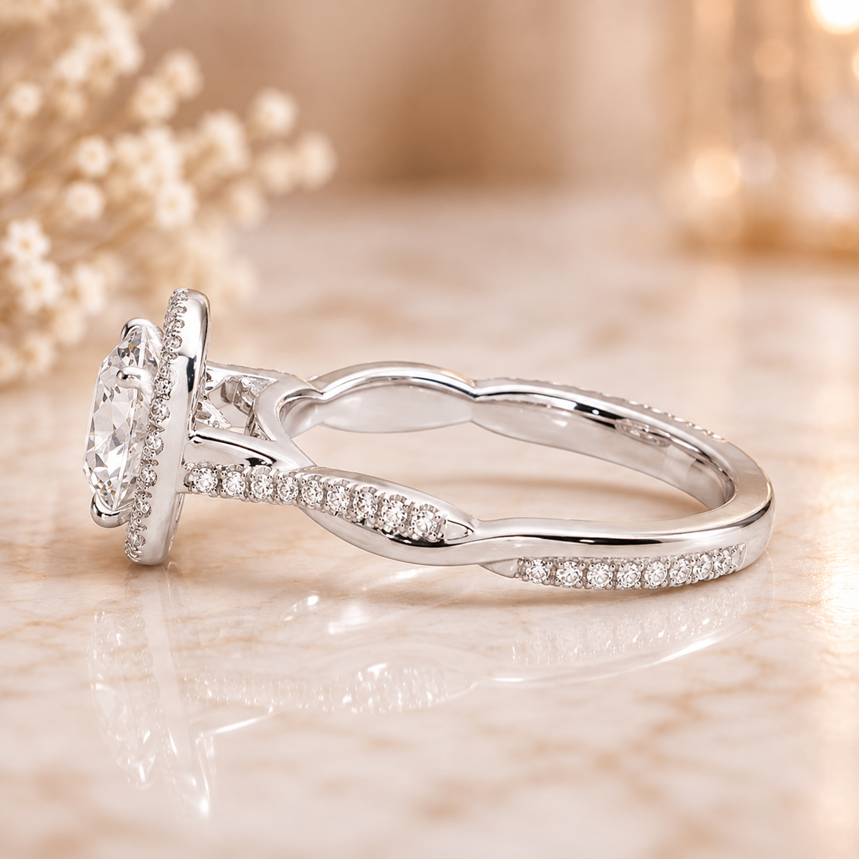 3.00 CT Petite Twisted Vine Halo Lab-Grown Diamond 2PCS Bridal Set in 14K White Gold – Nature Inspired Matching Wedding Ring Design