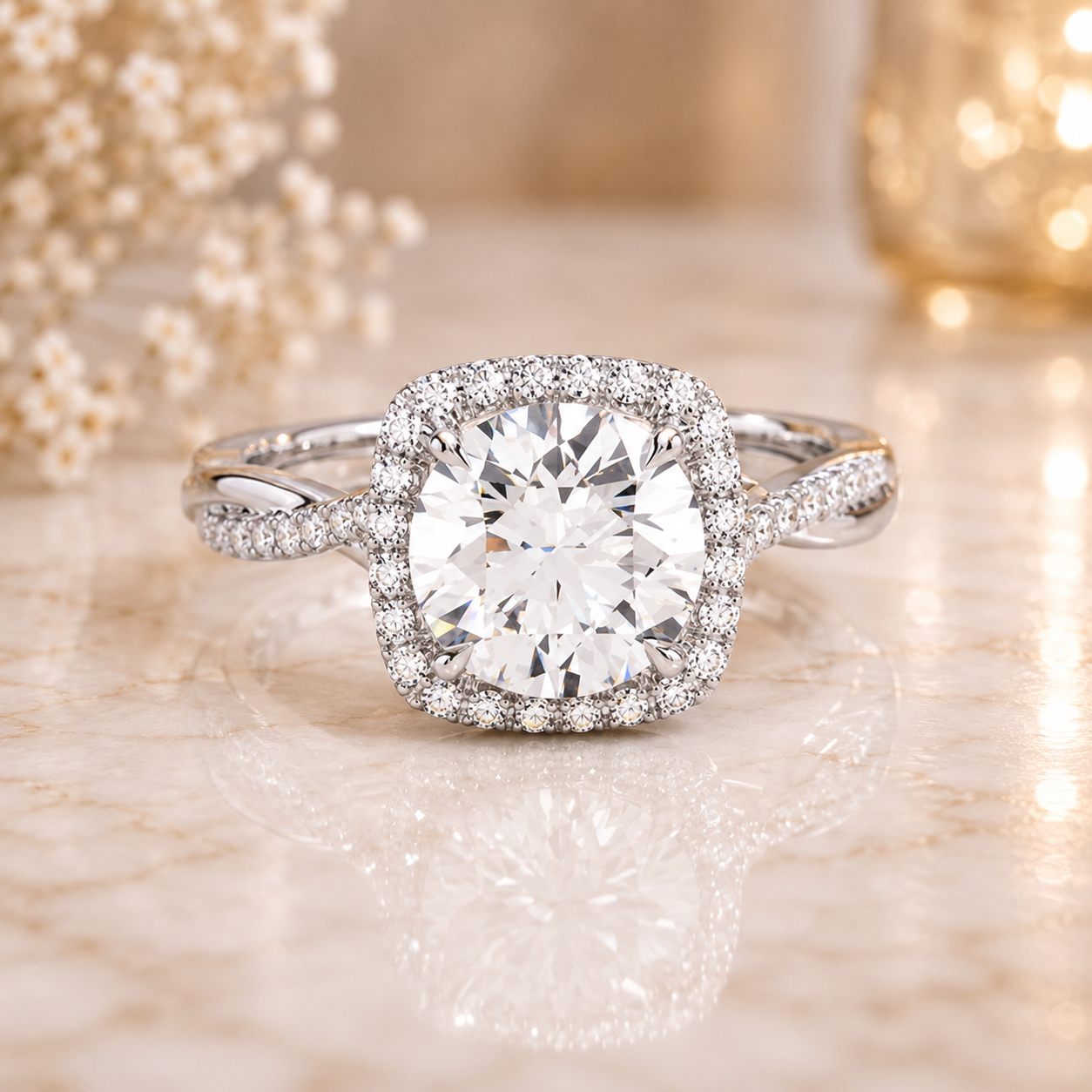 3.00 CT Petite Twisted Vine Halo Lab-Grown Diamond 2PCS Bridal Set in 14K White Gold – Nature Inspired Matching Wedding Ring Design