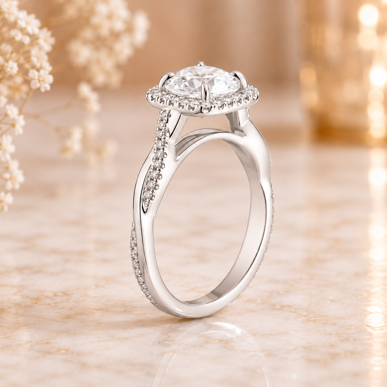 3.00 CT Petite Twisted Vine Halo Lab-Grown Diamond 2PCS Bridal Set in 14K White Gold – Nature Inspired Matching Wedding Ring Design