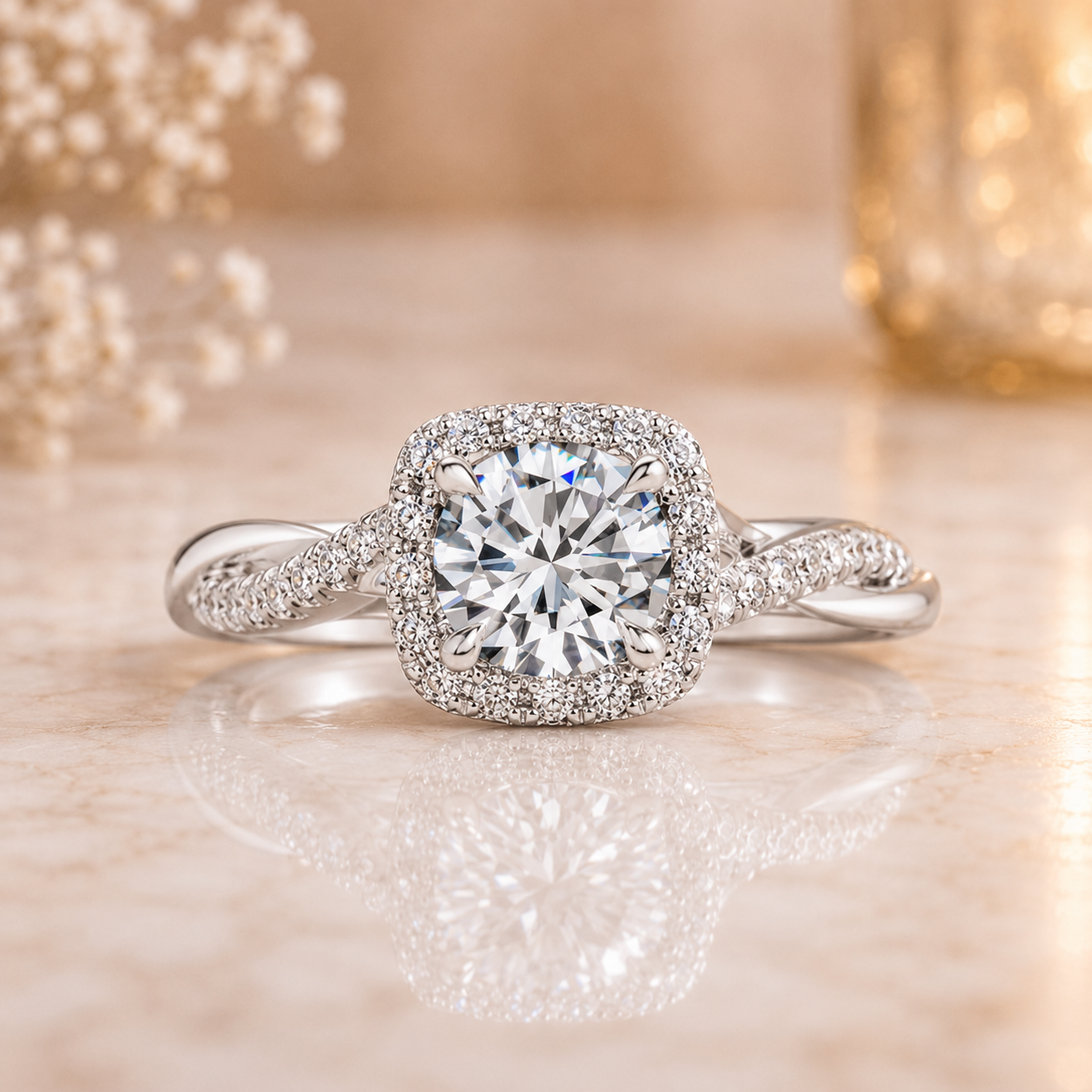 3.00 CT Petite Twisted Vine Halo Lab-Grown Diamond 2PCS Bridal Set in 14K White Gold – Nature Inspired Matching Wedding Ring Design
