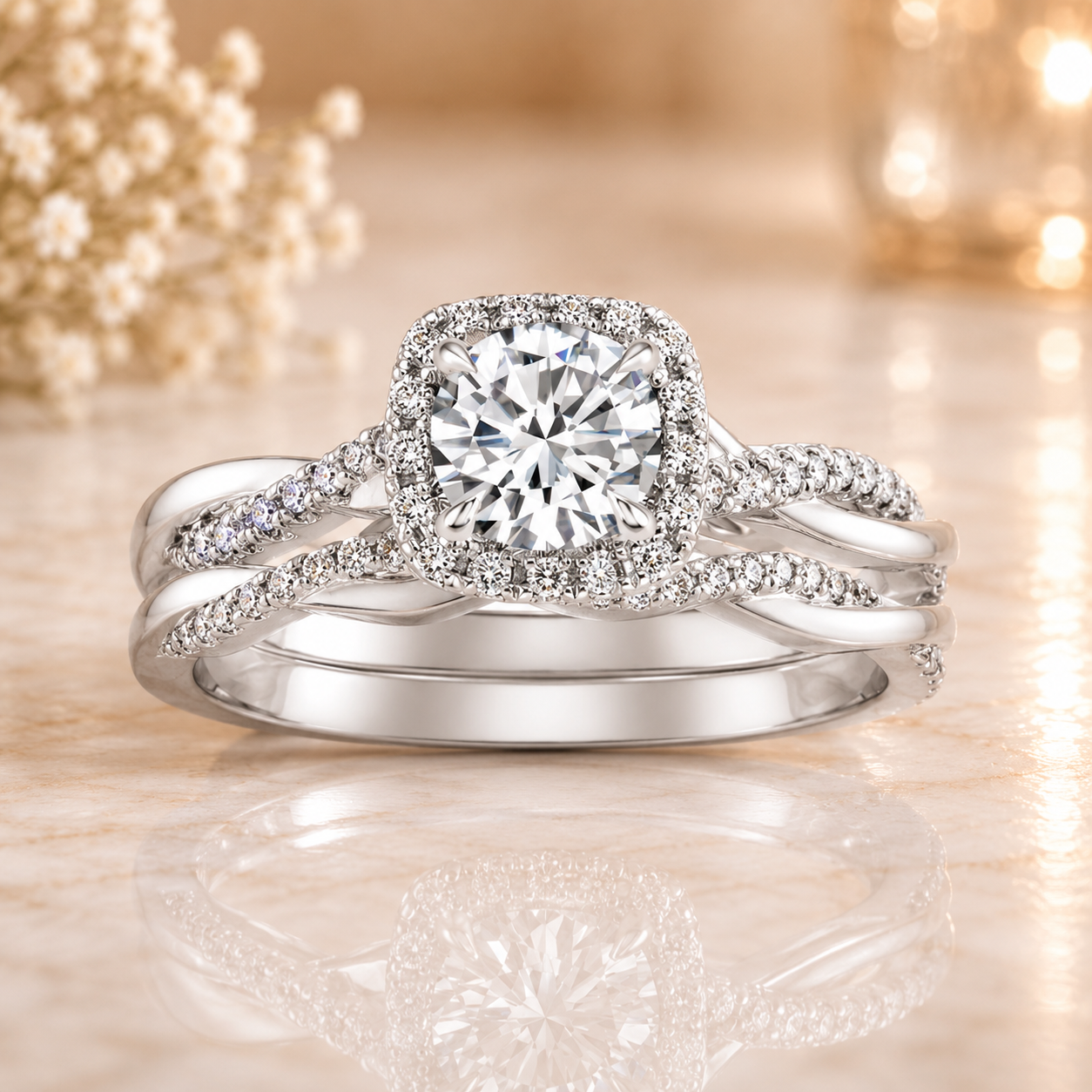 3.00 CT Petite Twisted Vine Halo Lab-Grown Diamond 2PCS Bridal Set in 14K White Gold – Nature Inspired Matching Wedding Ring Design