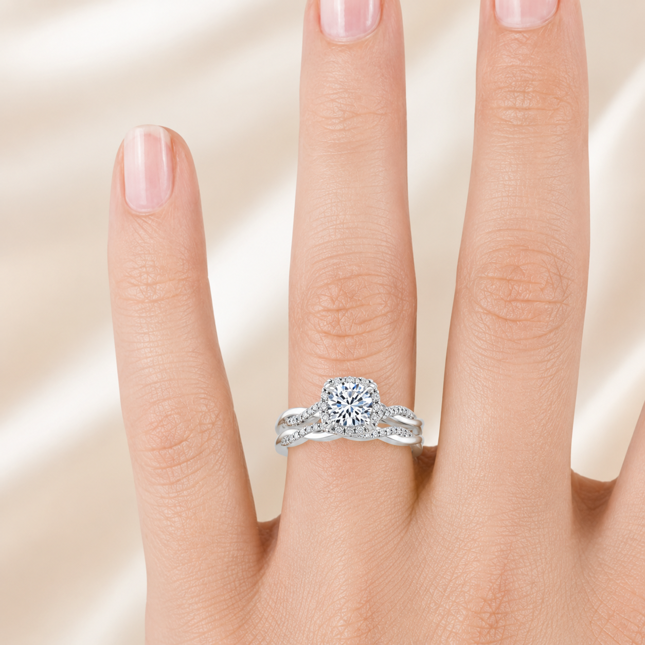 3.00 CT Petite Twisted Vine Halo Lab-Grown Diamond 2PCS Bridal Set in 14K White Gold – Nature Inspired Matching Wedding Ring Design