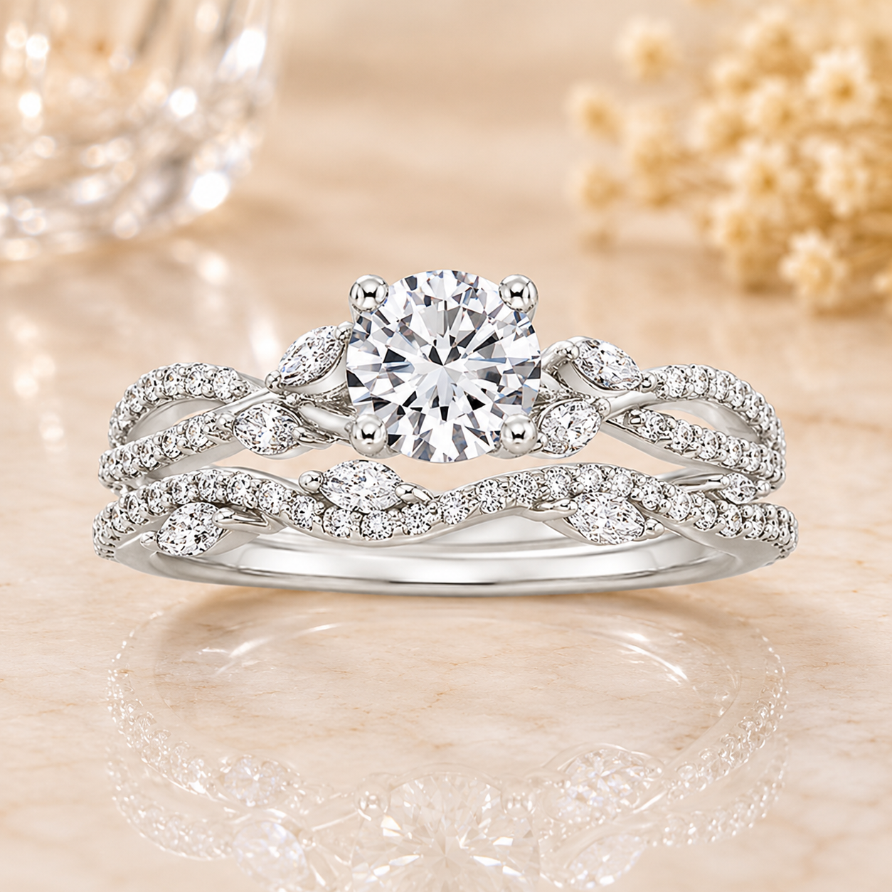 2.55 CT Luxe Willow Lab-Grown Diamond 2PCS Bridal Set in 14K White Gold – Nature Inspired Winding Willow Wedding Ring Design