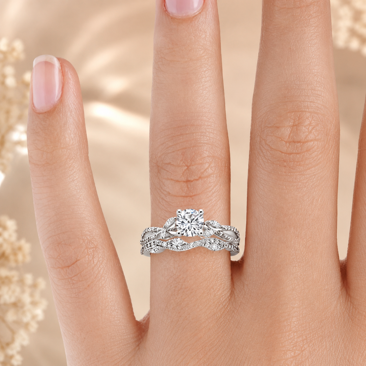 2.55 CT Luxe Willow Lab-Grown Diamond 2PCS Bridal Set in 14K White Gold – Nature Inspired Winding Willow Wedding Ring Design