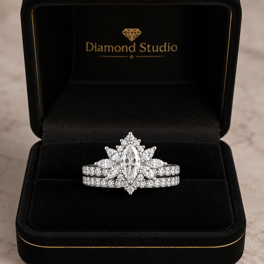 2.79 CT Vintage Marquise Lab-Grown Diamond 2PCS Bridal Set in 18K White Gold – Halo Floral Half Eternity Wedding Ring Design