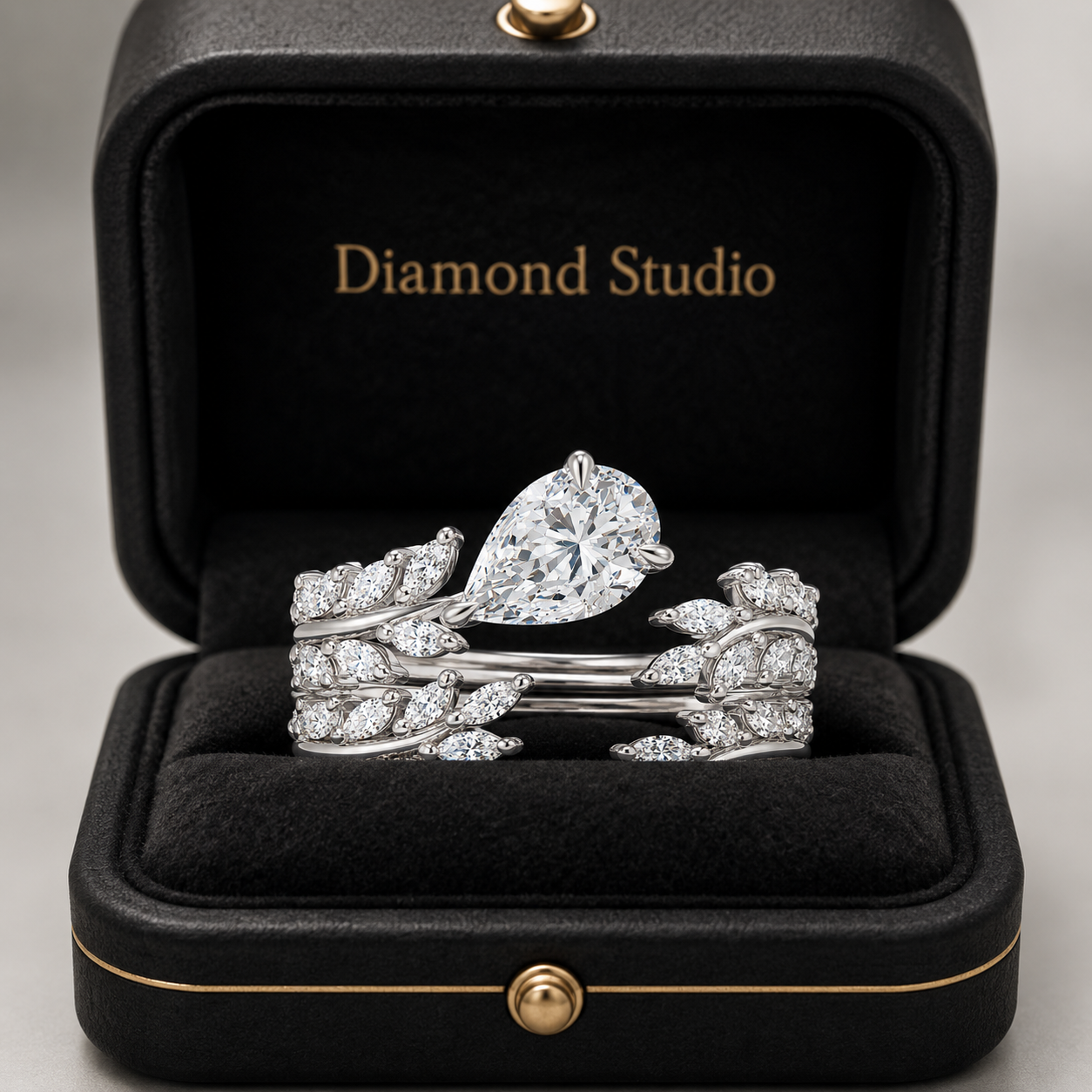 2.00 CT Sweeping Ivy Pear Lab-Grown Diamond 2PCS Bridal Set in 14K White Gold – Nature Inspired Vine Wedding Ring Design