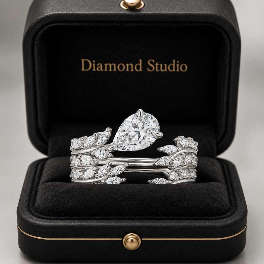 2.00 CT Sweeping Ivy Pear Lab-Grown Diamond 2PCS Bridal Set in 14K White Gold – Nature Inspired Vine Wedding Ring Design