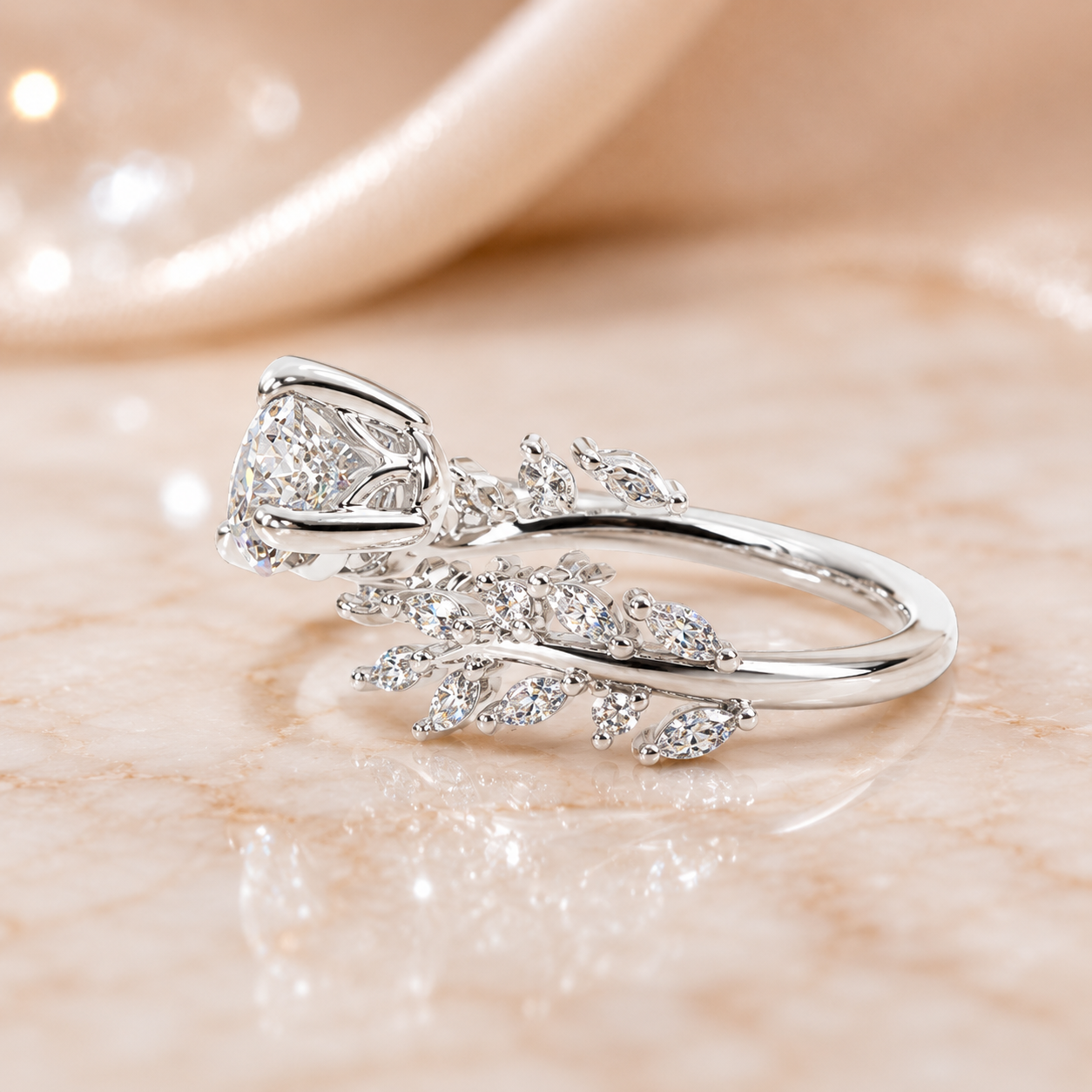 2.00 CT Sweeping Ivy Pear Lab-Grown Diamond 2PCS Bridal Set in 14K White Gold – Nature Inspired Vine Wedding Ring Design