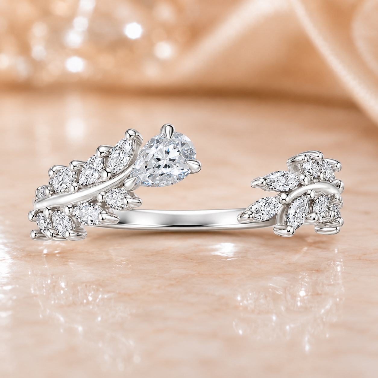 2.00 CT Sweeping Ivy Pear Lab-Grown Diamond 2PCS Bridal Set in 14K White Gold – Nature Inspired Vine Wedding Ring Design