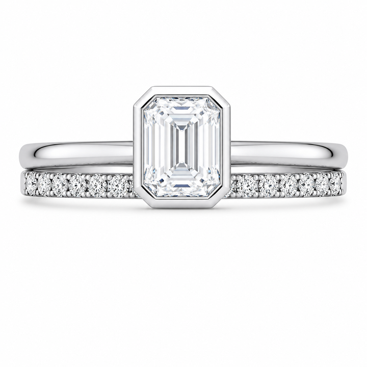 2.00 CT Emerald Cut Lab-Grown Diamond 2PCS Bezel Bridal Set in 14K White Gold â€“ Minimalist Wedding Ring Design from Diamond Studio