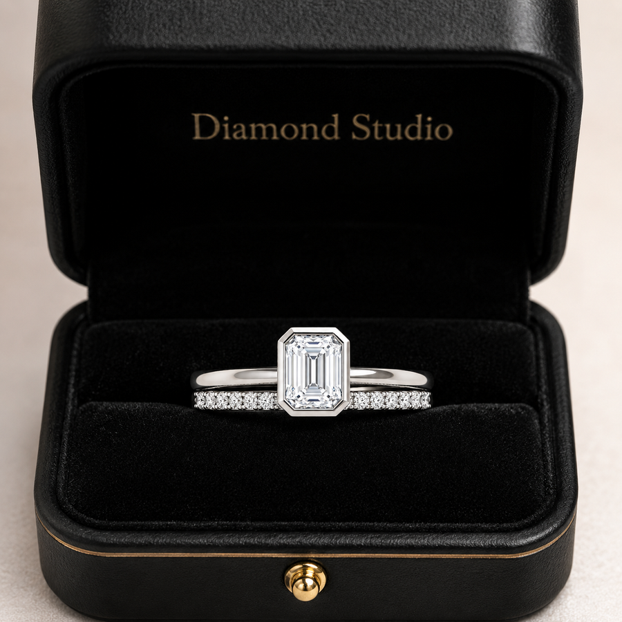 2.00 CT Emerald Cut Lab-Grown Diamond 2PCS Bezel Bridal Set in 14K White Gold – Minimalist Wedding Ring Design