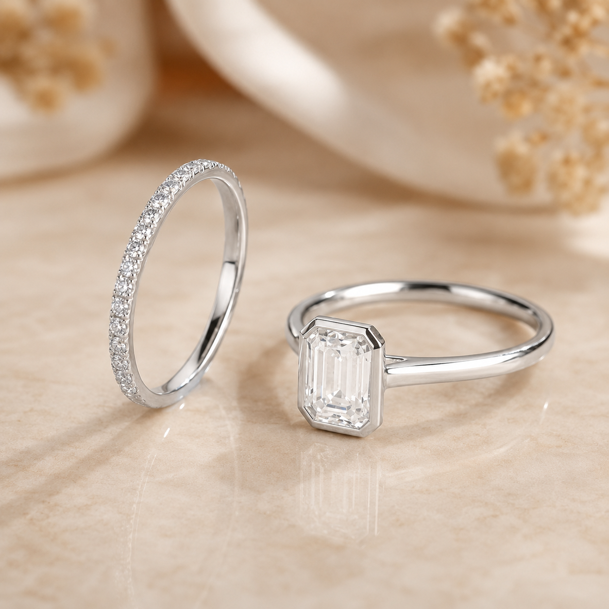 2.00 CT Emerald Cut Lab-Grown Diamond 2PCS Bezel Bridal Set in 14K White Gold – Minimalist Wedding Ring Design