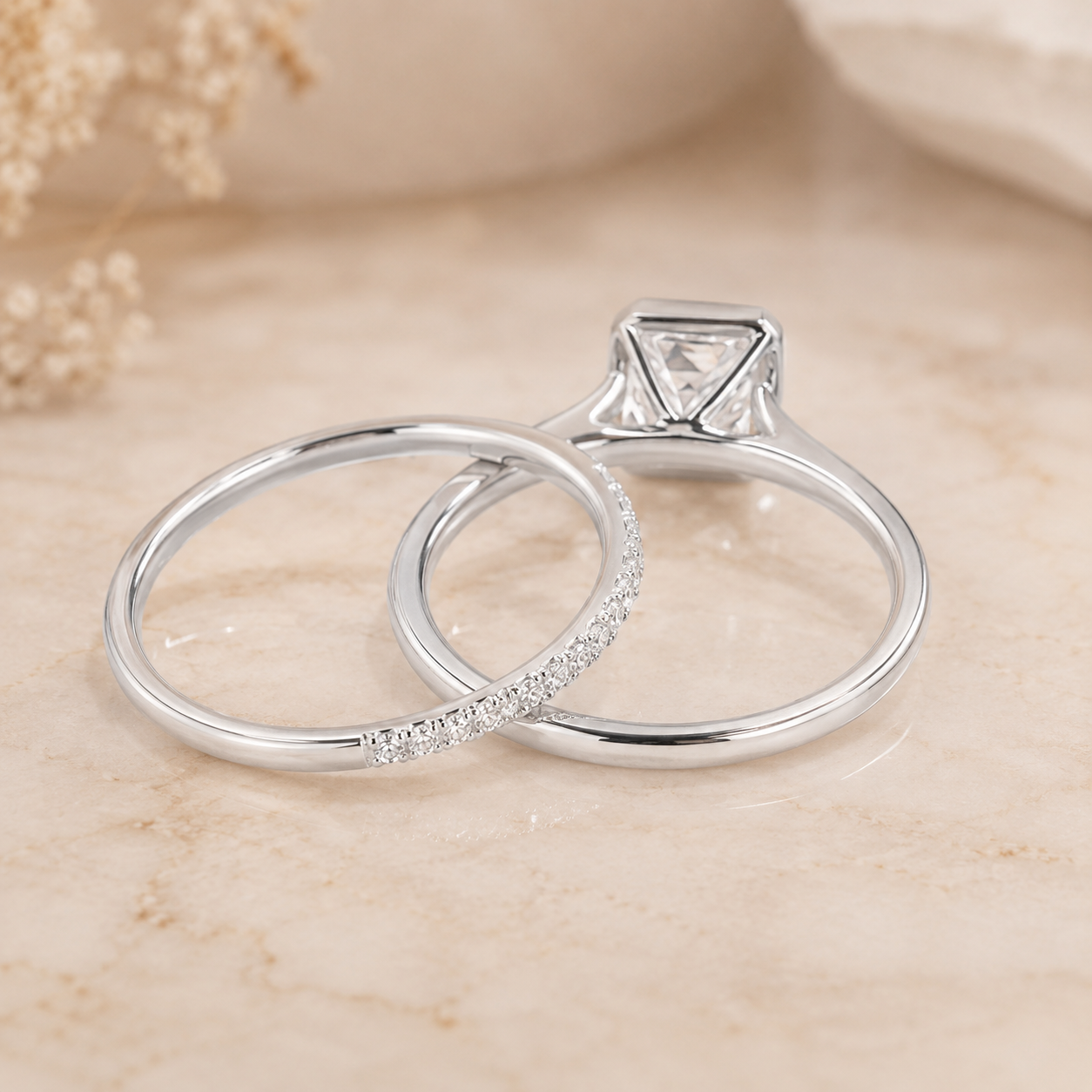 2.00 CT Emerald Cut Lab-Grown Diamond 2PCS Bezel Bridal Set in 14K White Gold – Minimalist Wedding Ring Design