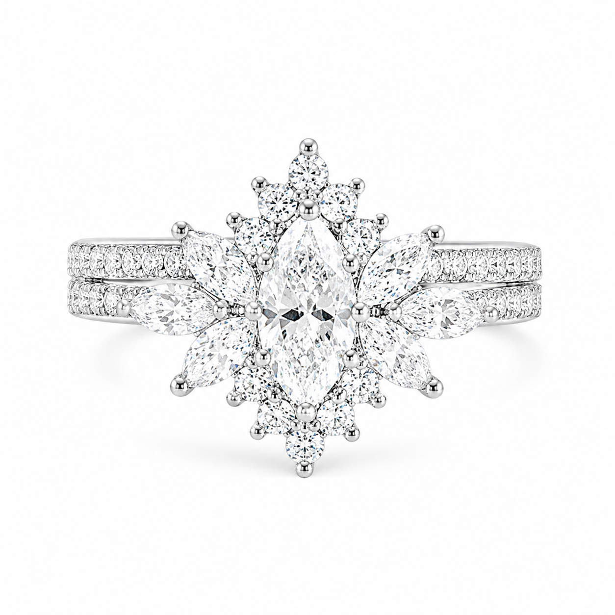 2.79 CT Vintage Marquise Lab-Grown Diamond 2PCS Bridal Set in 18K White Gold – Halo Floral Half Eternity Wedding Ring Design