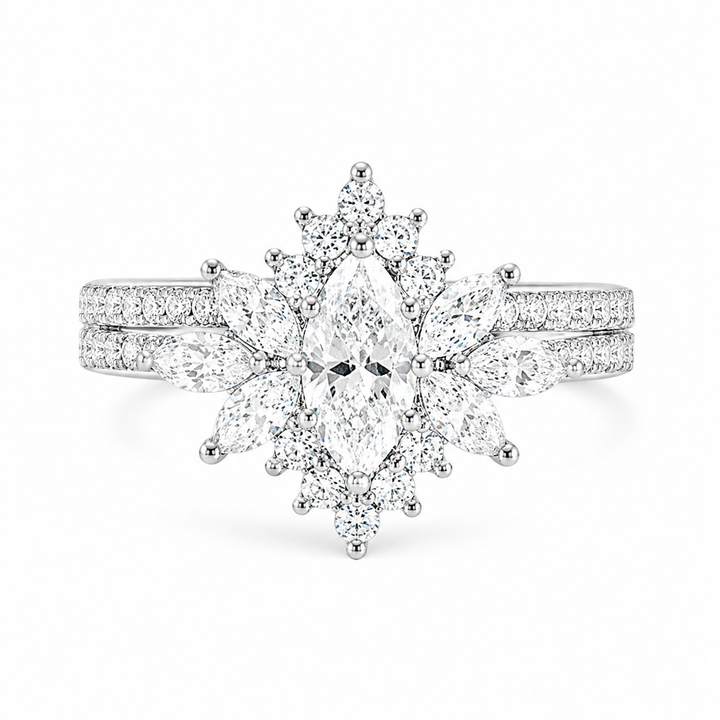 2.79 CT Vintage Marquise Lab-Grown Diamond 2PCS Bridal Set in 18K White Gold â€“ Halo Floral Half Eternity Wedding Ring Design from Diamond Studio
